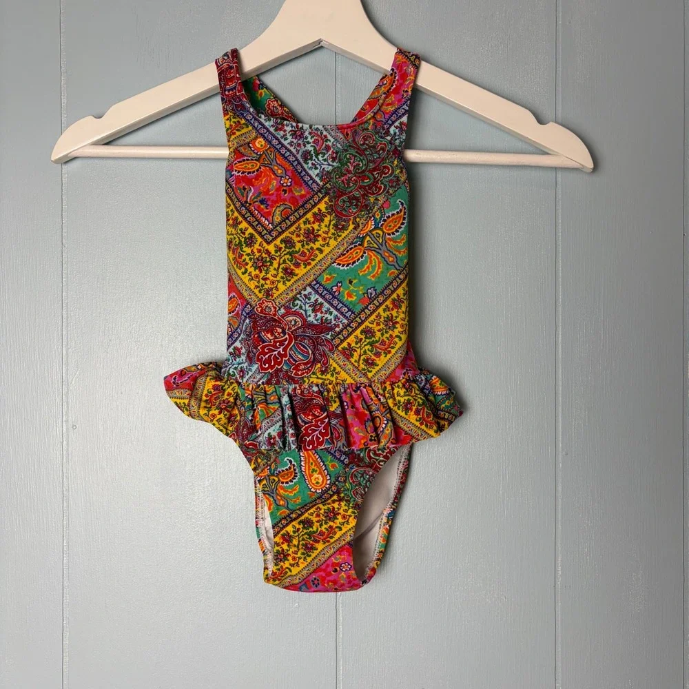 Ralph Lauren Toddler Girls Paisley Patchwork Ruffle One Piece Swimsuit 24M Multi